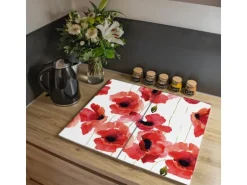 Banjado Herdabdeckplatte Glas 2 Teilig Je 30x52CM Schneidebrett Herdabdeckung Mit Motiv Mohn Aquarell