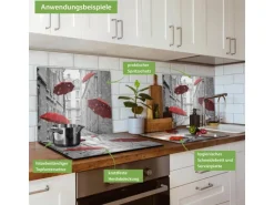 Banjado Herdabdeckplatte Glas 1 Teilig 60x52CM Schneidebrett Herdabdeckung Mit Motiv Rote Schirme