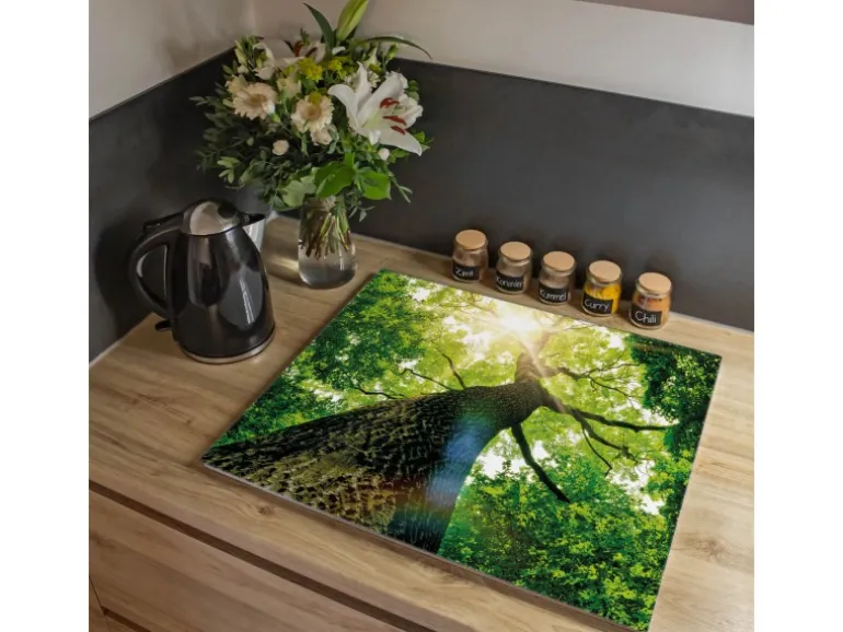Banjado Herdabdeckplatte Glas 1 Teilig 60x52CM Schneidebrett Herdabdeckung Mit Motiv Baumkrone