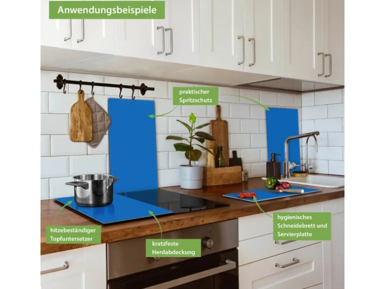 Banjado Herdabdeckplatte Glas 2 Teilig Je 30x52CM Schneidebrett Herdabdeckung Mit Motiv Signalblau