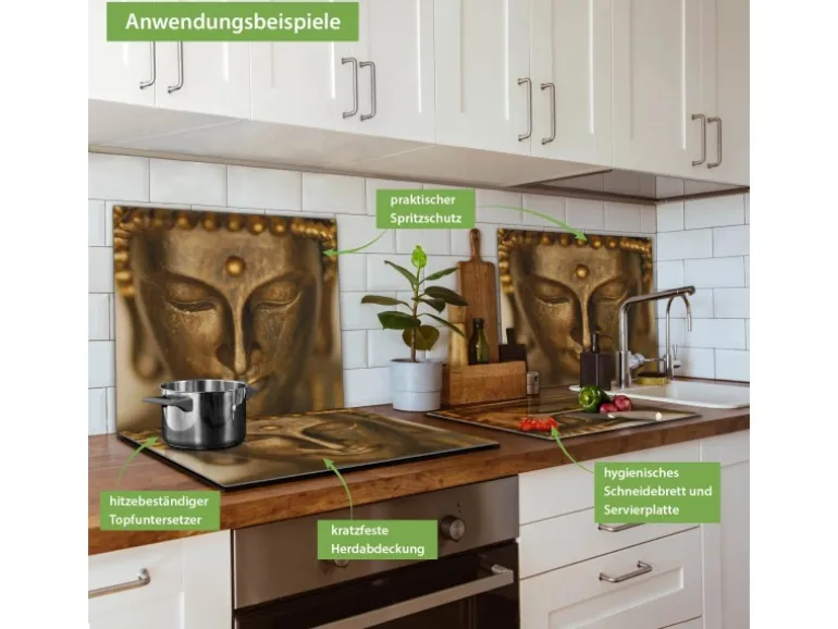 Banjado Herdabdeckplatte Glas 1 Teilig 60x52CM Schneidebrett Herdabdeckung Mit Motiv Buddha Gold