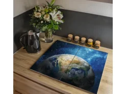 Banjado Herdabdeckplatte Glas 2 Teilig Je 30x52CM Schneidebrett Herdabdeckung Mit Motiv Erdkugel