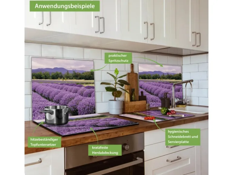 Banjado Herdabdeckplatte Glas 1 Teilig 60x52CM Schneidebrett Herdabdeckung Mit Motiv Lavendel 1