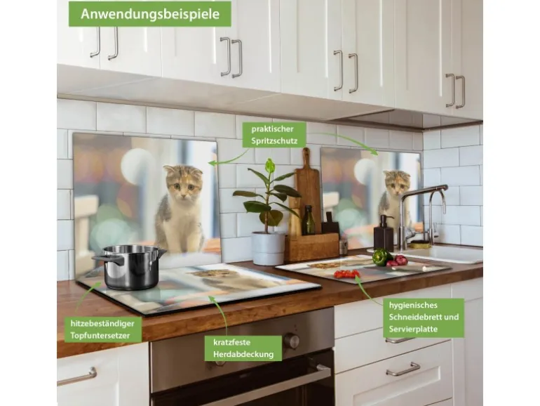 Banjado Herdabdeckplatte Glas 1 Teilig 60x52CM Schneidebrett Herdabdeckung Mit Motiv Kleine Katze