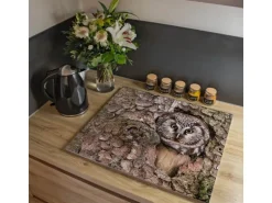 Banjado Herdabdeckplatte Glas 2 Teilig Je 30x52CM Schneidebrett Herdabdeckung Mit Motiv Eule