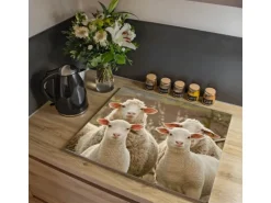 Banjado Herdabdeckplatte Glas 1 Teilig 60x52CM Schneidebrett Herdabdeckung Mit Motiv Schaffamilie