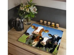 Banjado Herdabdeckplatte Glas 2 Teilig Je 30x52CM Schneidebrett Herdabdeckung Mit Motiv Kühe