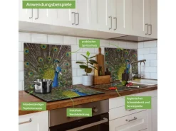 Banjado Herdabdeckplatte Glas 1 Teilig 60x52CM Schneidebrett Herdabdeckung Mit Motiv Pfau