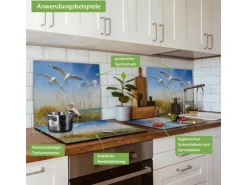 Banjado Herdabdeckplatte Glas 1 Teilig 60x52CM Schneidebrett Herdabdeckung Mit Motiv Möwen