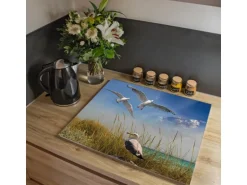 Banjado Herdabdeckplatte Glas 1 Teilig 60x52CM Schneidebrett Herdabdeckung Mit Motiv Möwen