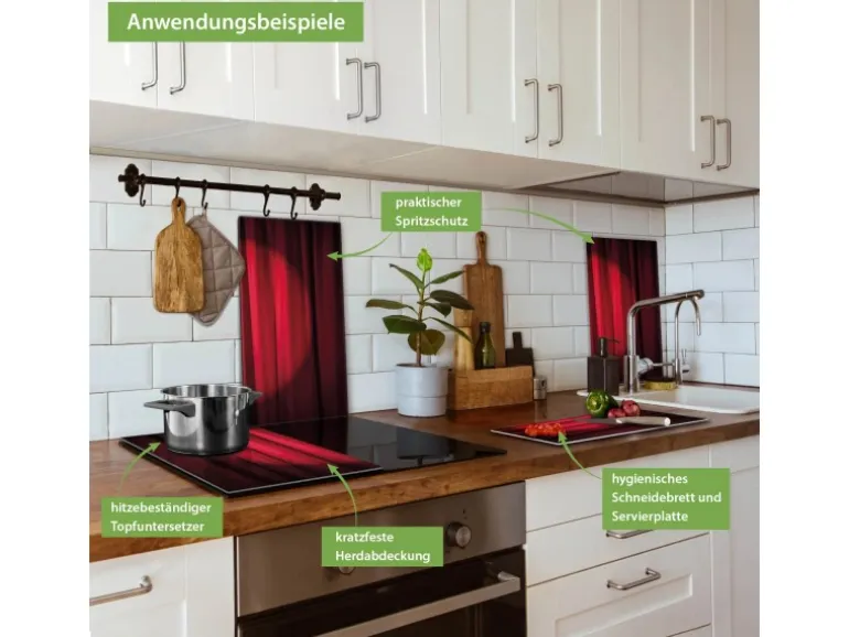 Banjado Herdabdeckplatte Glas 2 Teilig Je 30x52CM Schneidebrett Herdabdeckung Mit Motiv Roter Vorhang