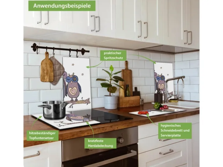 Banjado Herdabdeckplatte Glas 2 Teilig Je 30x52CM Schneidebrett Herdabdeckung Mit Motiv Verliebte Eulen