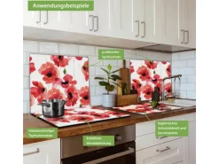 Banjado Herdabdeckplatte Glas 1 Teilig 60x52CM Schneidebrett Herdabdeckung Mit Motiv Mohn Aquarell