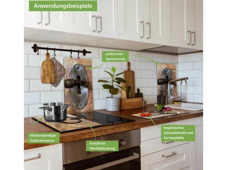 Banjado Herdabdeckplatte Glas 2 Teilig Je 30x52CM Schneidebrett Herdabdeckung Mit Motiv Schlüssel