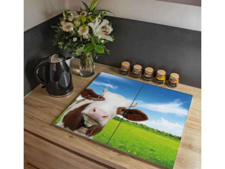 Banjado Herdabdeckplatte Glas 2 Teilig Je 30x52CM Schneidebrett Herdabdeckung Mit Motiv Pardon