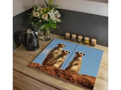 Banjado Herdabdeckplatte Glas 2 Teilig Je 30x52CM Schneidebrett Herdabdeckung Mit Motiv Erdmännchenfamilie