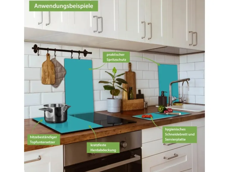 Banjado Herdabdeckplatte Glas 2 Teilig Je 30x52CM Schneidebrett Herdabdeckung Mit Motiv Türkis