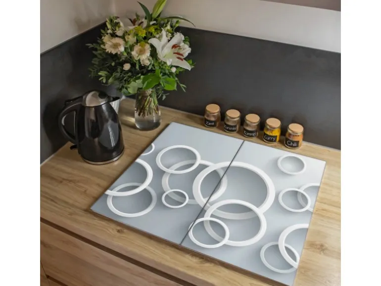 Banjado Herdabdeckplatte Glas 2 Teilig Je 30x52CM Schneidebrett Herdabdeckung Mit Motiv Weiße Ringe