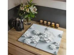 Banjado Herdabdeckplatte Glas 2 Teilig Je 30x52CM Schneidebrett Herdabdeckung Mit Motiv Papier Lotus