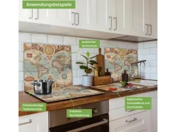 Banjado Herdabdeckplatte Glas 1 Teilig 60x52CM Schneidebrett Herdabdeckung Mit Motiv Historische Weltkarte