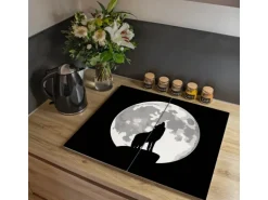 Banjado Herdabdeckplatte Glas 2 Teilig Je 30x52CM Schneidebrett Herdabdeckung Mit Motiv Heulender Wolf Sw