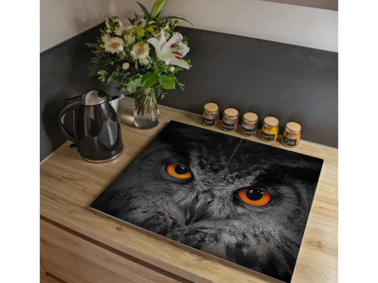 Banjado Herdabdeckplatte Glas 2 Teilig Je 30x52CM Schneidebrett Herdabdeckung Mit Motiv Uhu