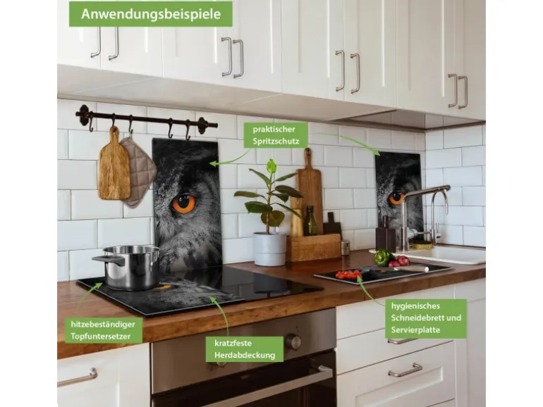Banjado Herdabdeckplatte Glas 2 Teilig Je 30x52CM Schneidebrett Herdabdeckung Mit Motiv Uhu