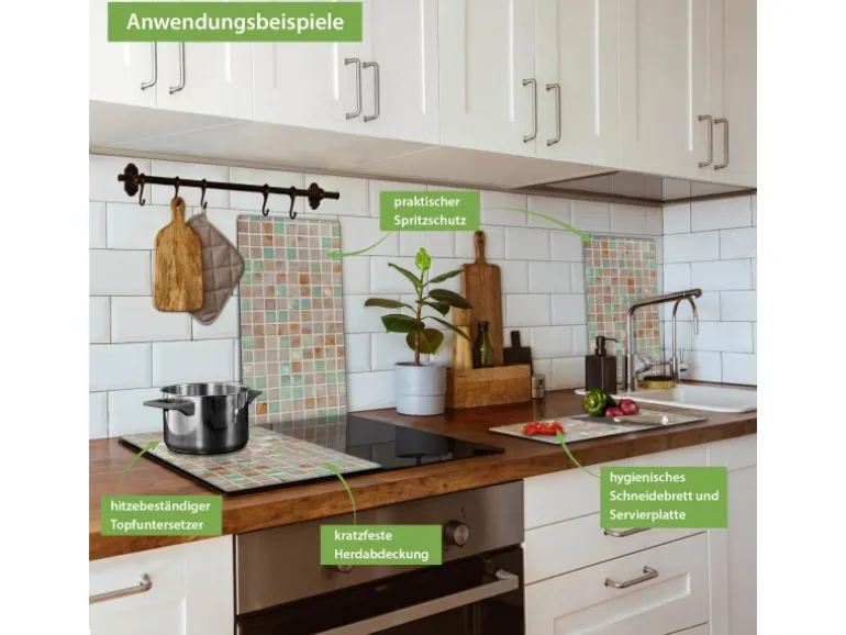 Banjado Herdabdeckplatte Glas 2 Teilig Je 30x52CM Schneidebrett Herdabdeckung Mit Motiv Grüne Fliesen