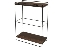 BERLINLODGE Wandregal HxBxT 50x35x17cm Massiv-Holz Metall Industrial 2 Regalböden Dunkelbraun Hängeregal Regal Küchenregal