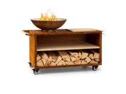 Blumfeldt Savage 2.0 Wide Feuerschale Grill Bambus-Schneidebrett Wetterschutz Braun Rost