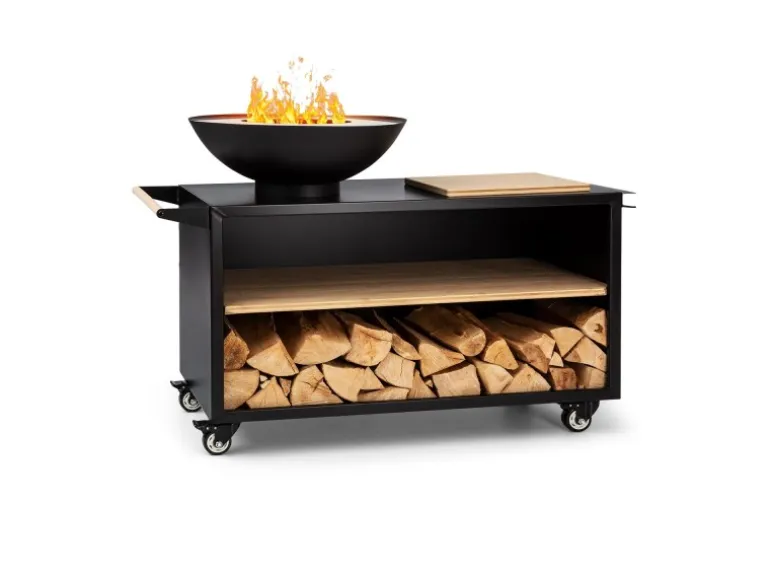 Blumfeldt Savage 2.0 Wide Feuerschale Grill Bambus-Schneidebrett Wetterschutz Schwarz