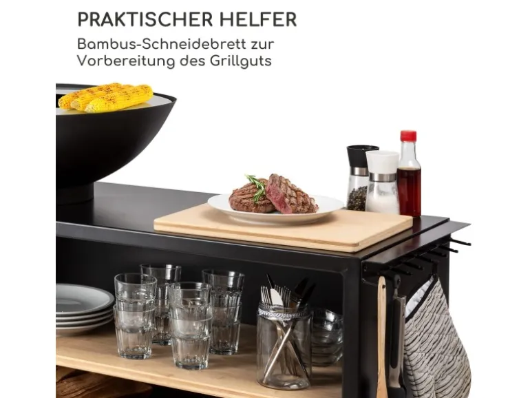 Blumfeldt Savage 2.0 Wide Feuerschale Grill Bambus-Schneidebrett Wetterschutz Schwarz