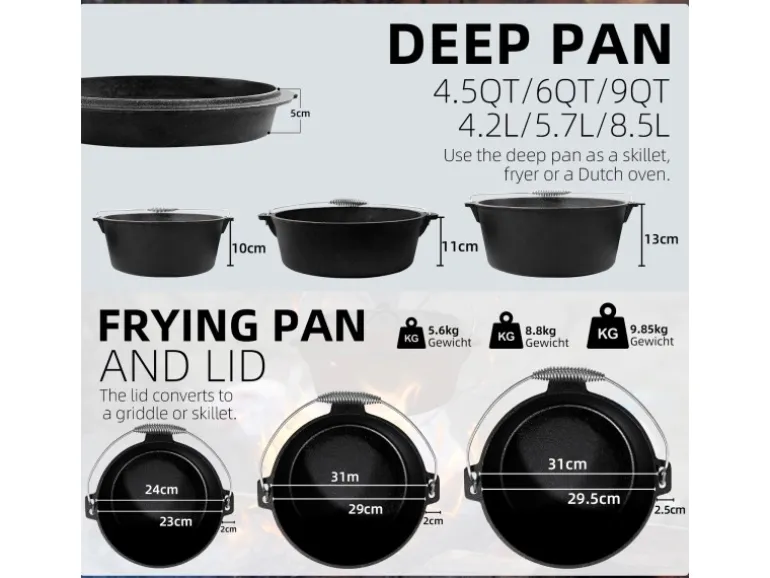 CCLIFE Dutch Oven Set 5,7L Gusseisen Grilltopf mit Feuertopf Ohne Beine