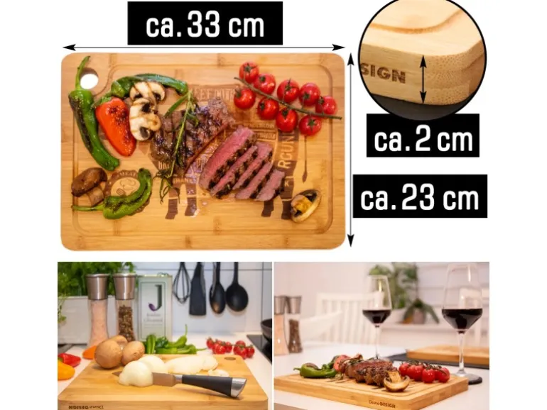 DuneDesign Schneidebrett aus Bambus 33 x 23 x 2 cm mit Saftrille