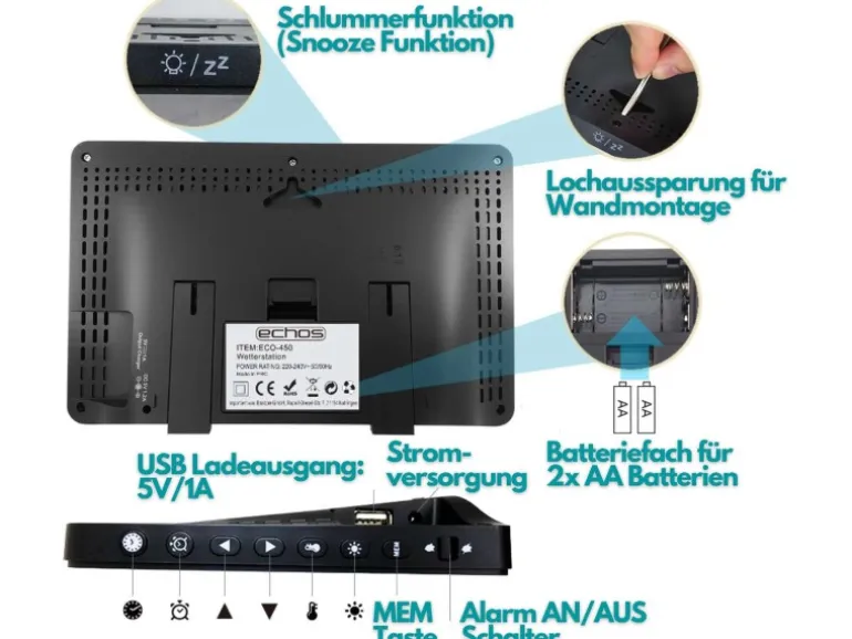 Echos Eco-450 Funkwetterstation mit LCD Farbdisplay Wettervorhersage Außensensor