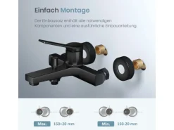 Emke Badewannenarmatur Schwarz mit Auslauf Mischbatterie Badewanne Brausebatterie Einhand Wannenbatterie