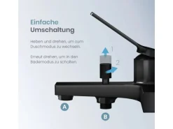 Emke Badewannenarmatur Schwarz mit Auslauf Mischbatterie Badewanne Brausebatterie Einhand Wannenbatterie
