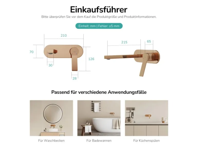 Emke Wand Waschtischarmatur Inklusive Grundkörper 288 x 210 x 70 mm Rosengold Mischbatterie für Waschbecken