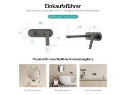 Emke Wand Waschtischarmatur Inklusive Grundkörper 288 x 210 x 70 mm Anthrazit Mischbatterie für Waschbecken