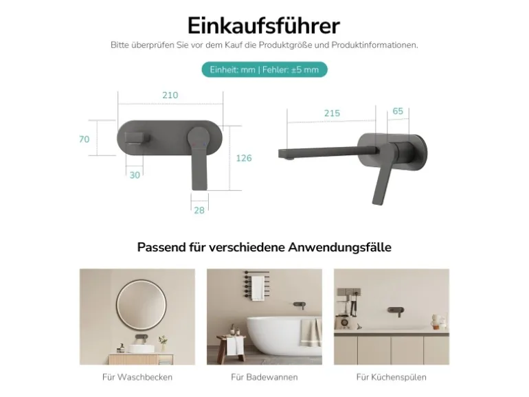 Emke Wand Waschtischarmatur Inklusive Grundkörper 288 x 210 x 70 mm Anthrazit Mischbatterie für Waschbecken