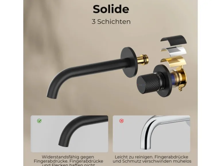 Emke Waschtischarmatur Unterputz für Wandmontage Schwarz Matt Wasserhahn Badarmatur