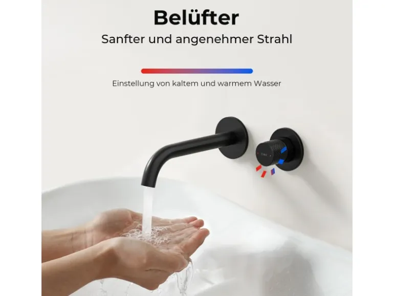 Emke Waschtischarmatur Unterputz für Wandmontage Schwarz Matt Wasserhahn Badarmatur