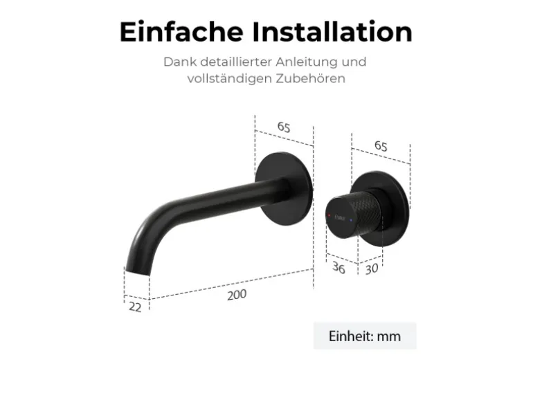 Emke Waschtischarmatur Unterputz für Wandmontage Schwarz Matt Wasserhahn Badarmatur