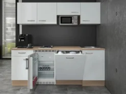 Flex-Well Exclusiv Büroküche Valero 210 cm Hochglanz Weiß-Sonoma Eiche