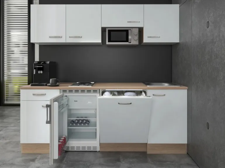 Flex-Well Exclusiv Büroküche Valero 210 cm Hochglanz Weiß-Sonoma Eiche