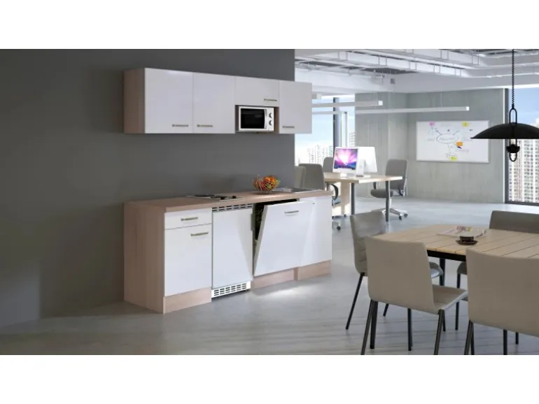 Flex-Well Exclusiv Büroküche Valero 210 cm Hochglanz Weiß-Sonoma Eiche