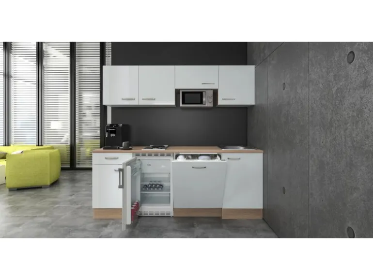 Flex-Well Exclusiv Büroküche Valero 210 cm Hochglanz Weiß-Sonoma Eiche