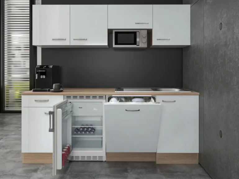 Flex-Well Exclusiv Büroküche Valero 210 cm Hochglanz Weiß-Sonoma Eiche