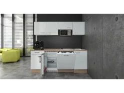 Flex-Well Exclusiv Büroküche Valero 210 cm Hochglanz Weiß-Sonoma Eiche