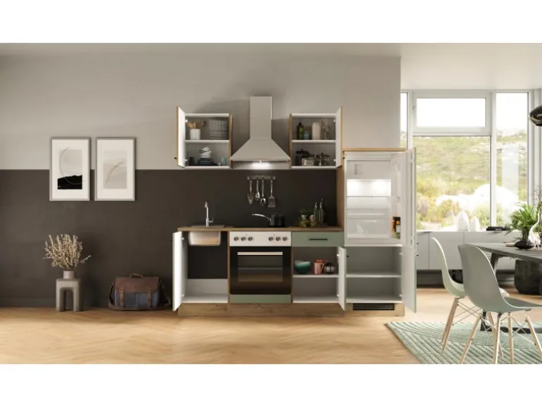 Flex-Well Exclusiv Küche 1706-002 Cara 220 cm Schilfgrün matt - Artisan Eiche